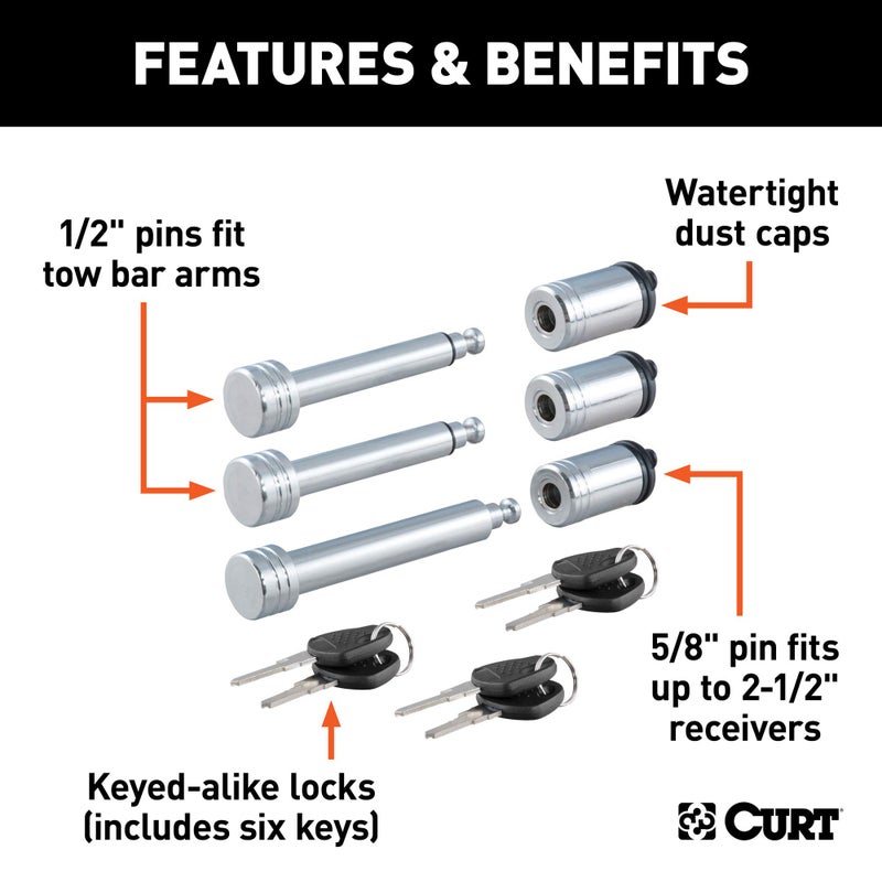CURT 70005 Rambler RV Tow Bar Lock Set, 3-Pack, Keyed-Alike - Image 3